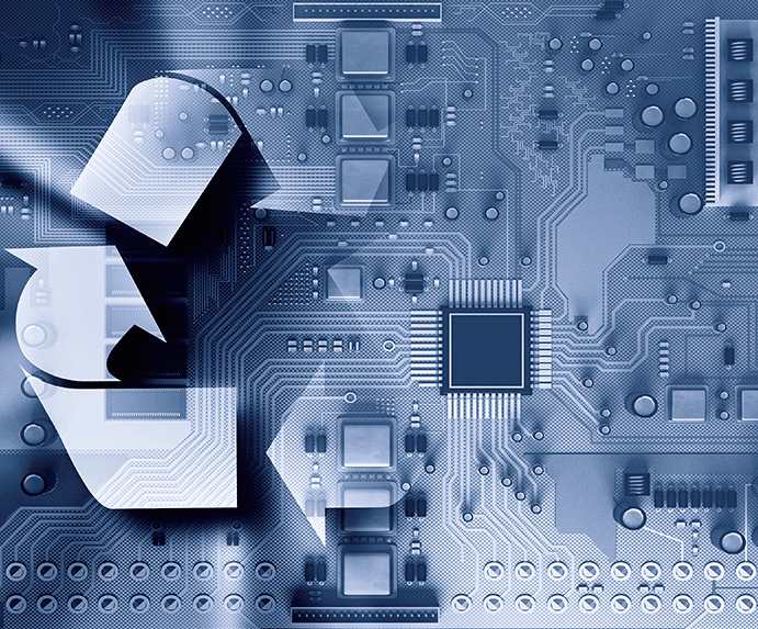 Electronics Recycling logo over imposed on an image of a circuit board.
